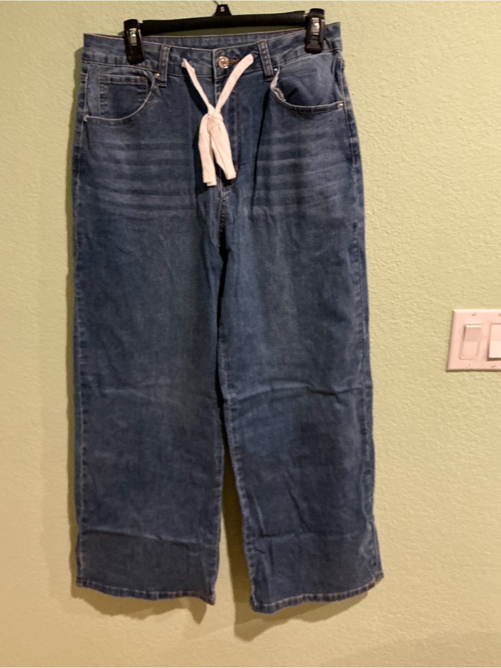 Women's Blue Wide-Leg Jeans with White Drawstring Waist